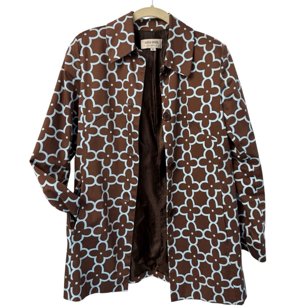 SKIRTIN AROUND New Canaan Brown/Lt. Blue Quatrefoil Mod Coat Size 4 Cotton Y2K